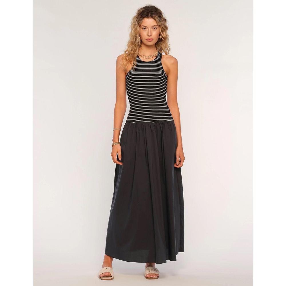 Heartloom Malibu Dress in Black and White Stripe Drop Waist Maxi Coastal Classic
